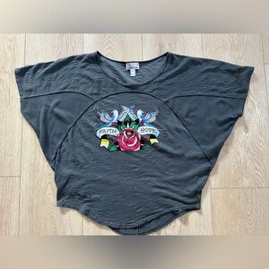 NWOT RARE Ed Hardy Grey Batwing Dove Hope/Faith Oversized Tee Cement Grey Med🕊️🌹